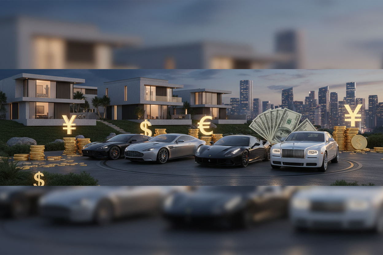 Hero background with houses, cars, and money